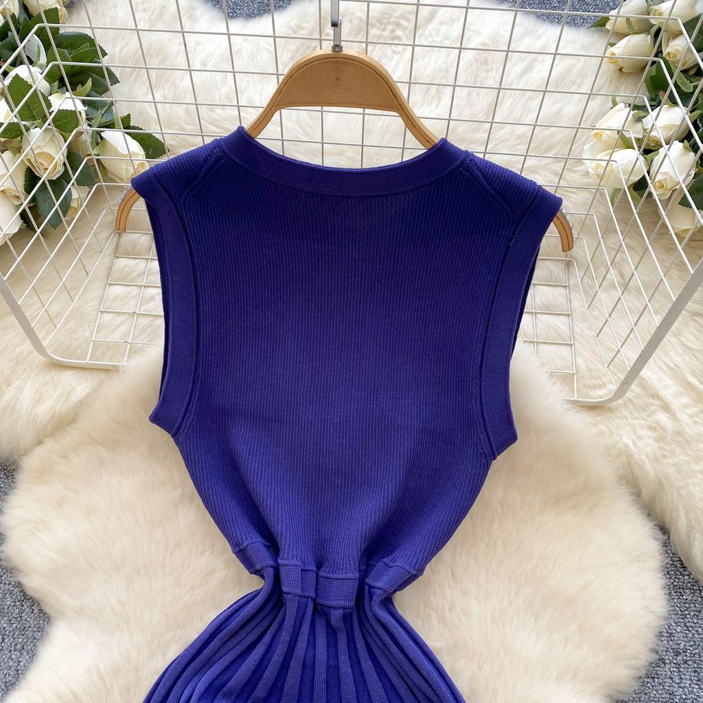 Summer Women Sleeveless Print Designer Runway Dress Single Breasted Knitted Sweater Dresses