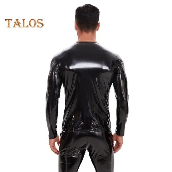 Men's Liquid Shiny Faux Leather Top Metallic Wet Look Long Sleeve Tee Zipper Shoulder Slim Fit Shirt Hip Hop Nightclub Party Blouse