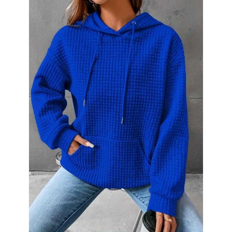 Waffle Grid Kangaroo Pocket Hoodie, Casual Long Sleeve Drawstring Hoodies Sweatshirt, Women's Clothing