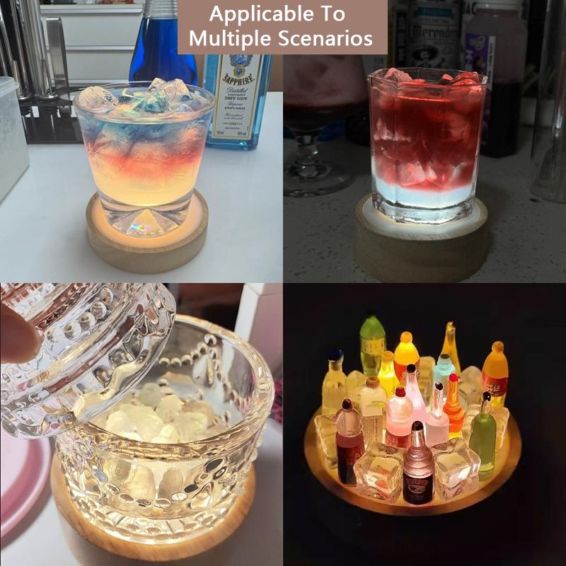 Round Diffusion Plate LED Light Base Battery-Powered Wooden Night Light; Cocktail Glass Coaster USB Mood Crystal Lamp Base Light