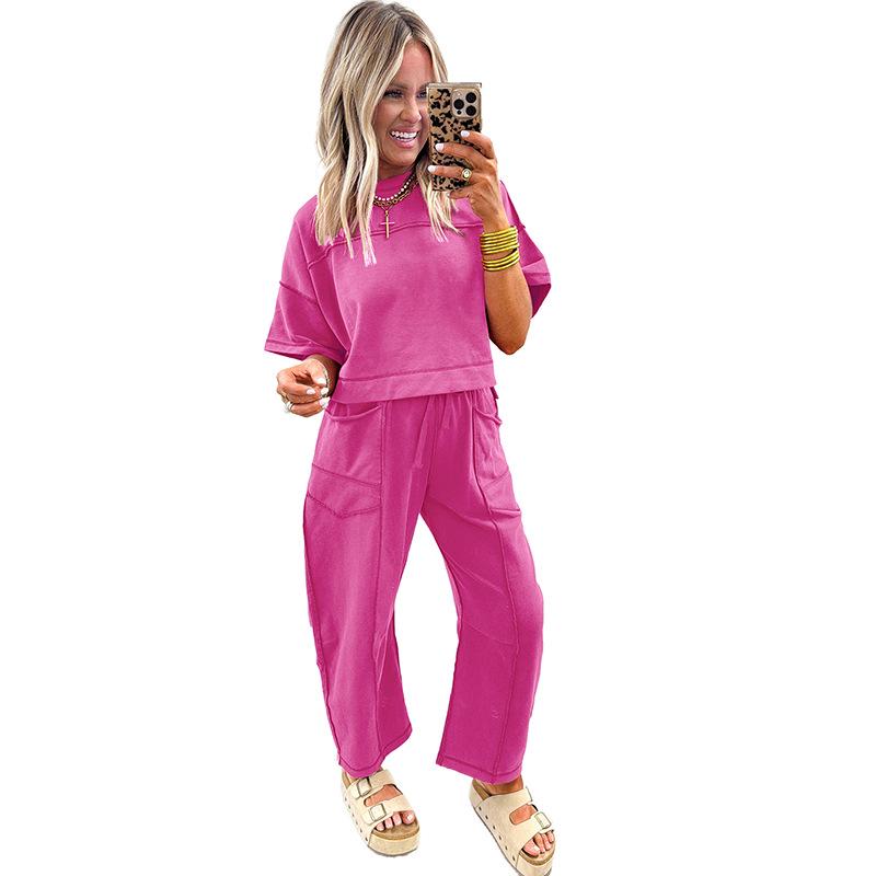 

Shi Ying Women s Solid Short Sleeve Casual Two-Piece Suit with Large Pockets - European & American Fashion Trend L