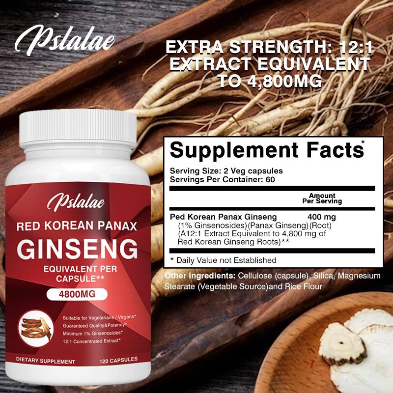Pslalae RED KOREAN PANAX GINSENG, 120 Vegan Capsules, Muscle Building, Focus and Mood Support, 1% Ginsenosides
