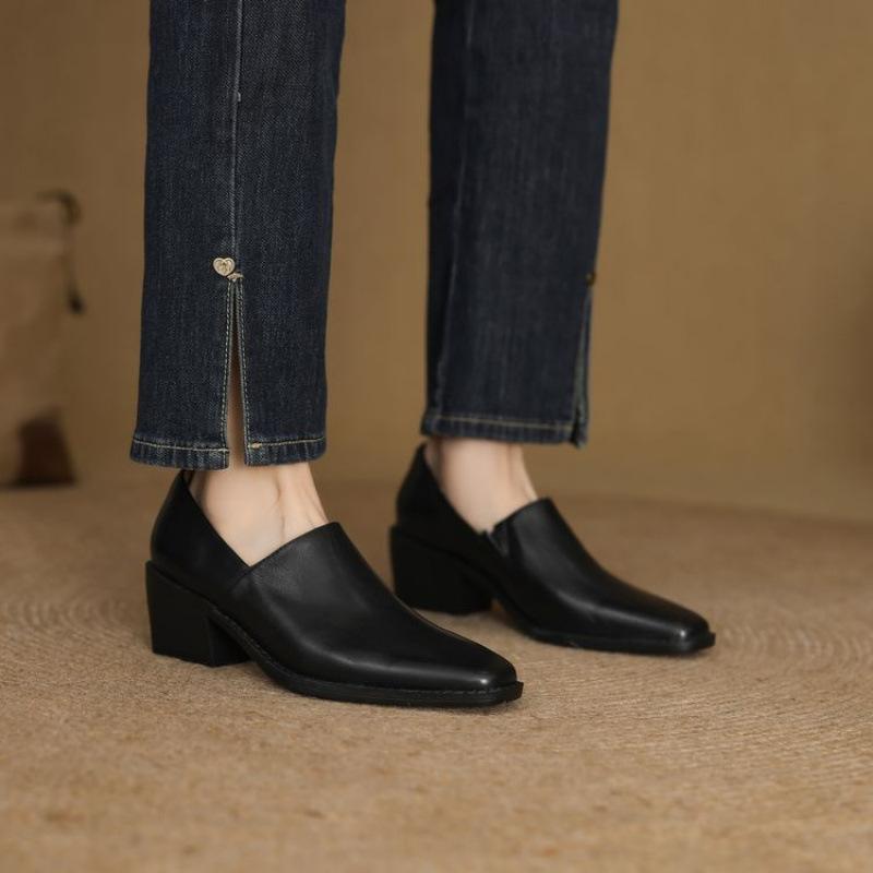 New Low-top, Light-mouth Black Small Leather Shoes, Fashion Single Shoes, Women's Pointed Toes, One Pedal, Genuine Leather Women's Shoes, Beef Tendon 
