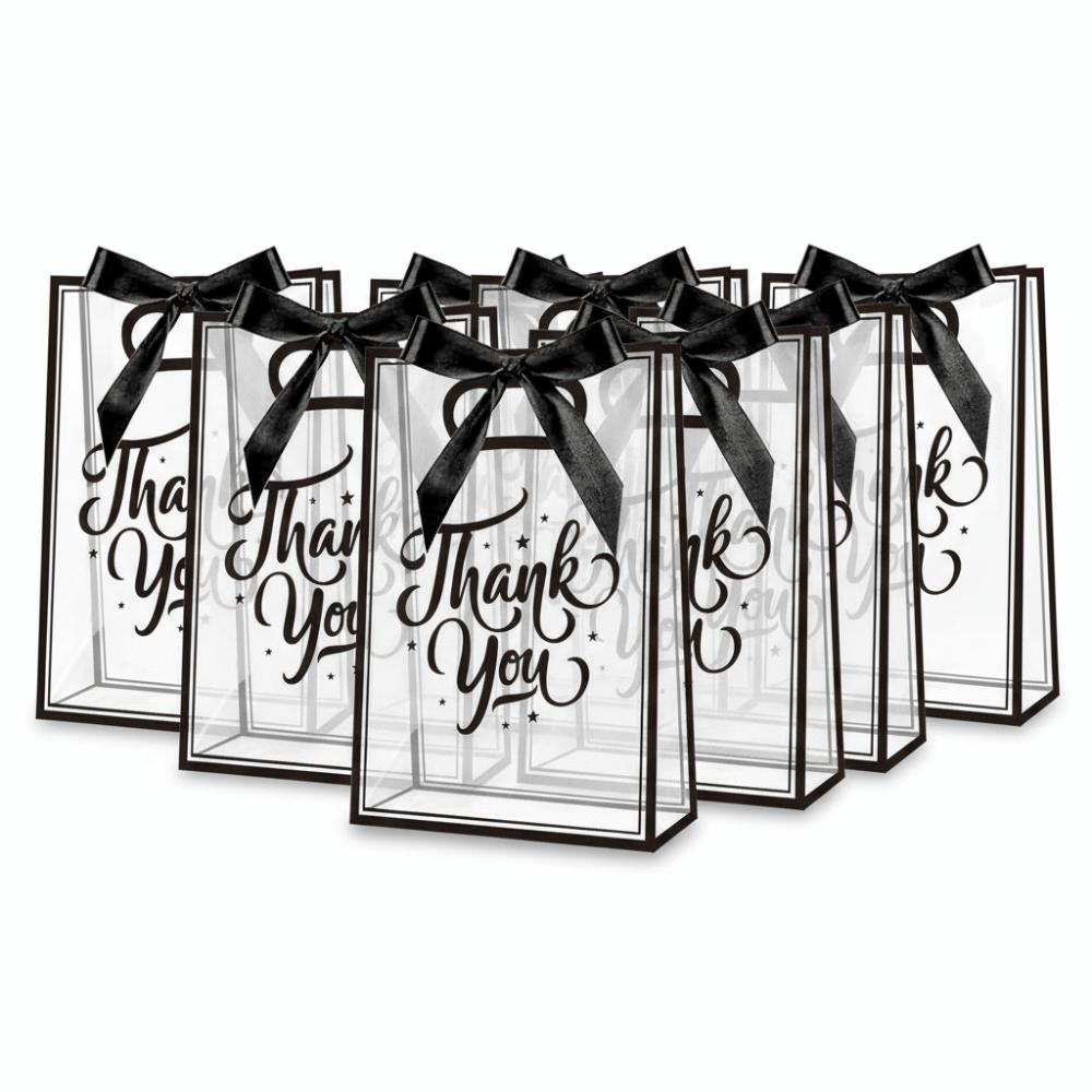 5Pcs Set Reusable Portable Favor Bag PVC Clear Gift Bag Die Cut Handles with Ribbon Flower Bag