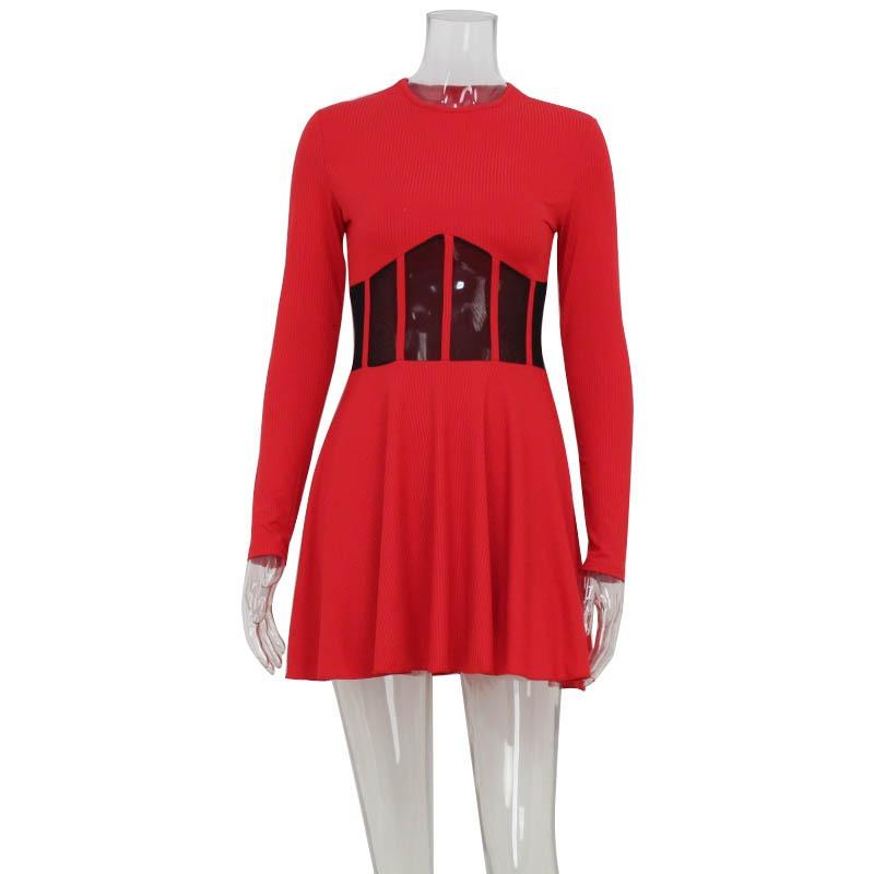 Women's Autumn Winter Fashion Round Neck Long Sleeve Dress Mesh Stitching Thin A-line Dress
