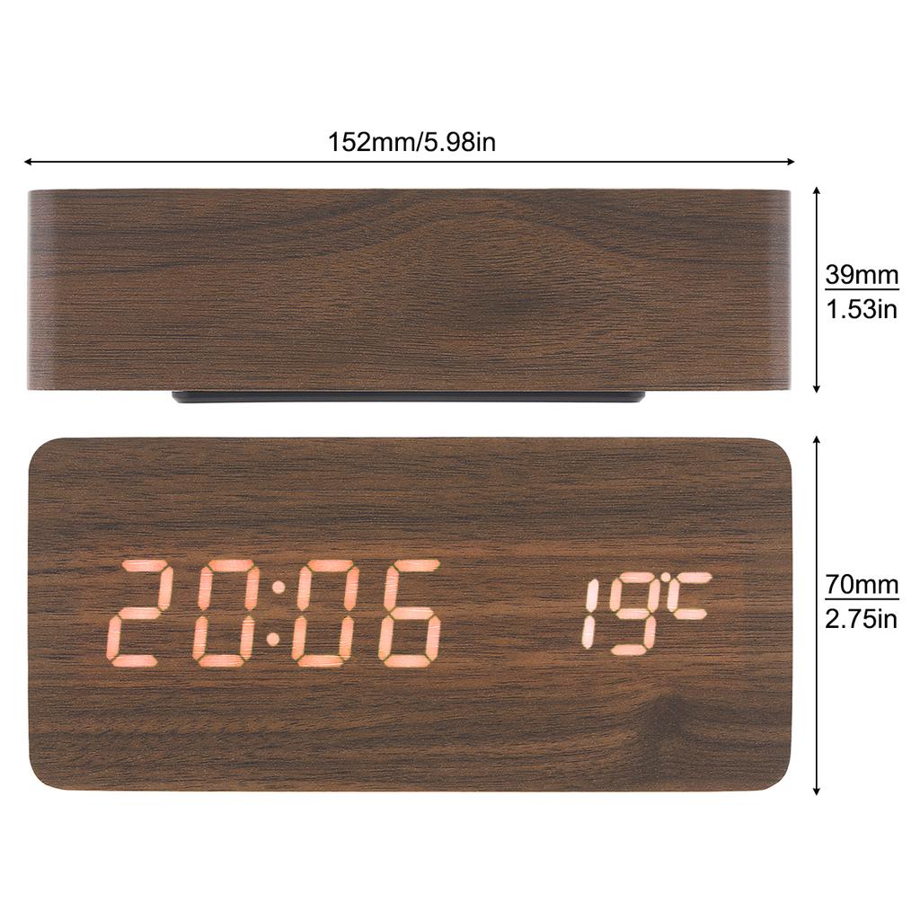LED Holz Wecker Sprachsteuerung Zeit Datum Temperatur Digital Bambus Rechteck Tisch Schreibtischuhr Alarm