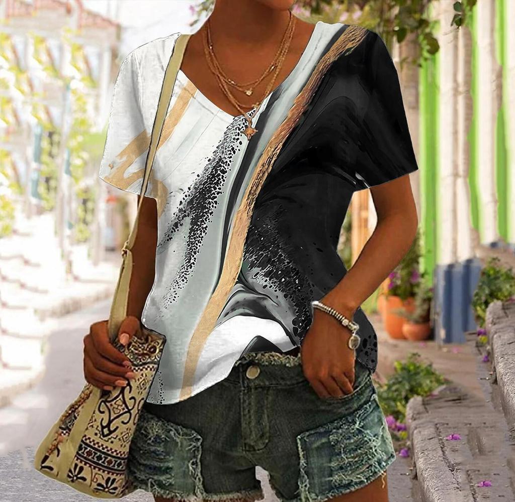 Women's Summer T-shirt, 3D Color Gradient Graphic Printed T-shirt, V-neck Casual Short Sleeved, Oversized Women's Clothing