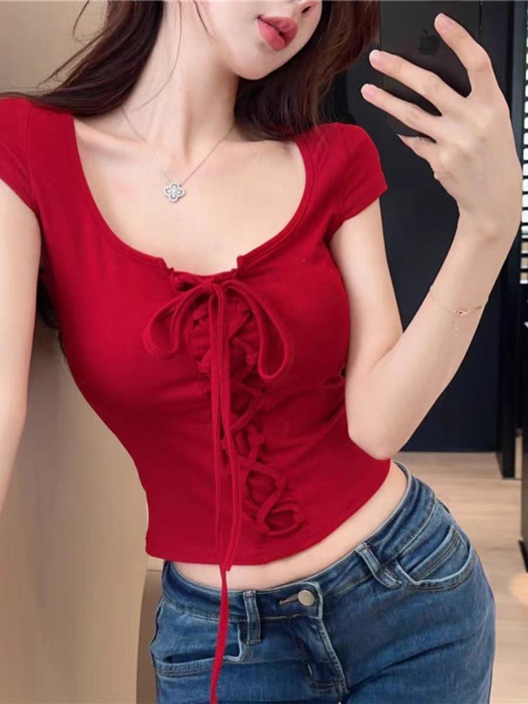Temperament High Street Personality Chic Pure Desire Spice Girl Sexy Lace-up U-Neck Niche Design Sense Short Sleeve Slim T-Shirt Women's Summer