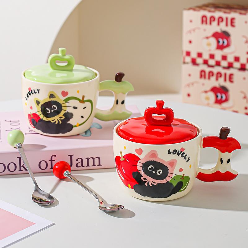 Creative Apple Cat Mug with Lid High Pretty Couple Ceramic Cup Souvenir Gift Cup for Best Friends Breakfast Cup