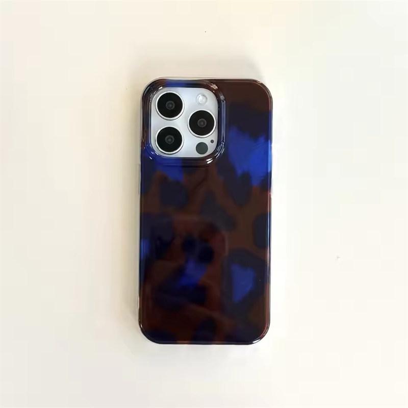 Retro Art Blue Brown Leopard Print Color Mixing Cover Case for iPhone 13 14 15 16 Pro Max Glossy Glacial Streak Phone Case