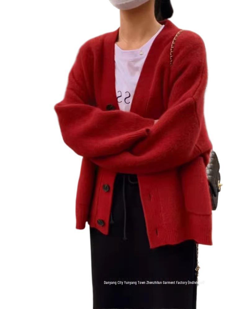 Women's Mid-Length Plus Size Wool Cardigan - Versatile Loose Knit Sweater Coat