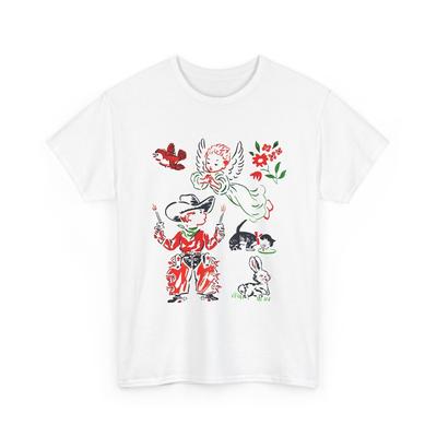 Maglietta vintage metà ventesimo secolo cowboy e angelo rara riproduzione grafica t-shirt