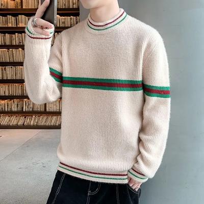 Herbst und Winter Herren Pullover Verdickt Warm Mode Unterhemd Gestreift Kontrastfarbe Pullover Rundhals Oberteil