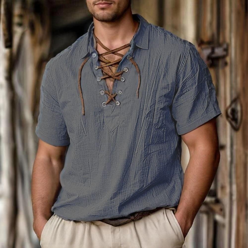 Men's Linen Shirts Long and Short Sleeved Lace Up V Neck Casual Blouse Spring Summer Thin Front Tees Tops Breathable Men Clothing
