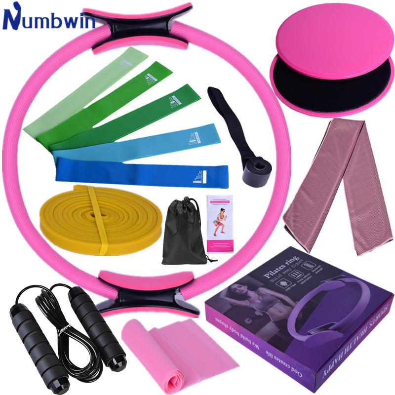 Fünfzehnteiliges Fitness-Set: Latex-Widerstandsbänder, Kühlhandtuch, Gleitscheiben, 3m Springseil, Pilates-Ring.