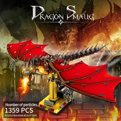 1359KS Plameny Drak Smaug Stavební kostky Model zvířete Dýchající oheň Drak Kostky Stolní displej Hračka pro děti Sváteční dárky