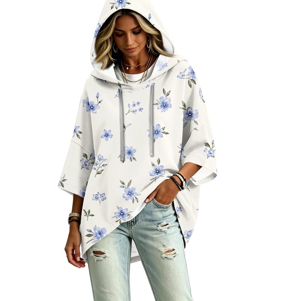 Damen Dreiviertelarm Kapuzenpullover mit Blumenprint Pullover Top Lässige Mode