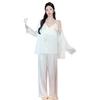 Women’s Spring Autumn Lace Ice Silk Pajama Set Sexy Camisole Top, Long Pants and Robe Three-Piece Loungewear