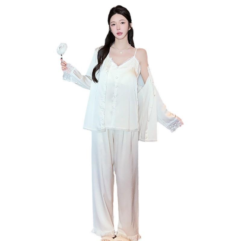 Women’s Spring Autumn Lace Ice Silk Pajama Set Sexy Camisole Top, Long Pants and Robe Three-Piece Loungewear
