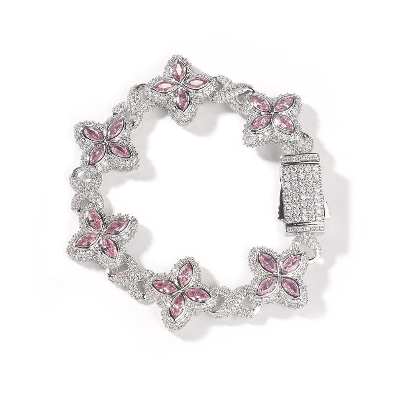 Hip-hop Rap Chain, Unlimited Four-leaf Clover Bracelet, Fashionable Cool Ruffian Handsome Premium 5A Zircon Color Necklace.