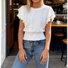 Women Round Neck Eyelet Embroidery Ruffle Sleeve Smocked Waist Casual Blouse Tops