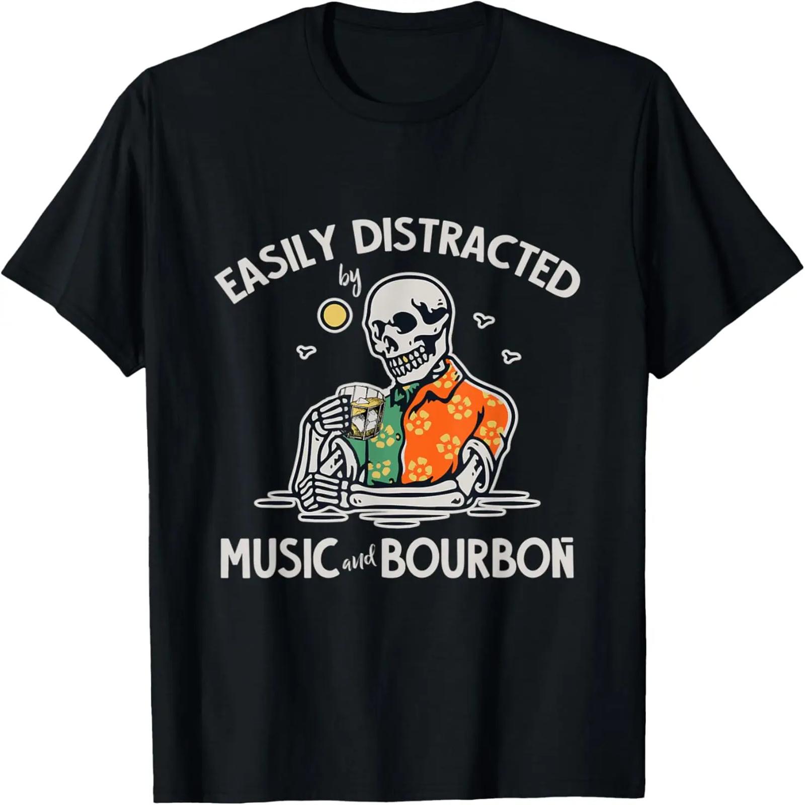 Easily Distracted By Music And Bourbon Skeleton Gift T-Shirt S чёрный