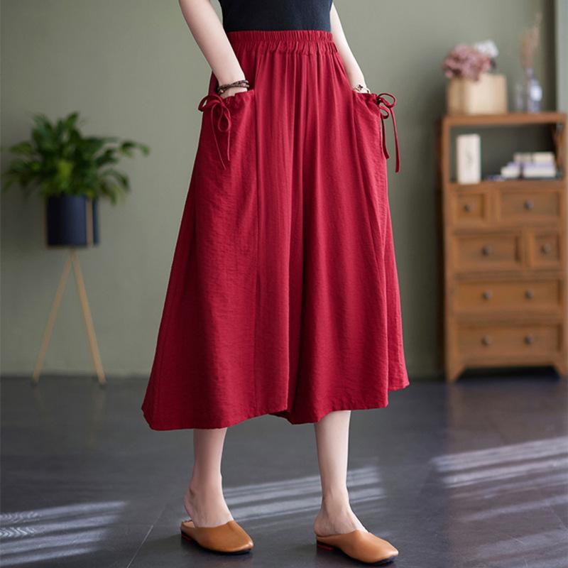 Wide Leg Pants for Women In Summer Loose Fit Plus Size Solid Color Elastic Waistband Large Swing Skirt Pants Casual Cropped Pants