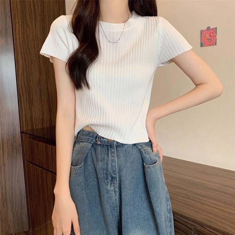 

Women s Ice Silk White Knit Short Sleeve Top - Slim Summer Design XL чорний