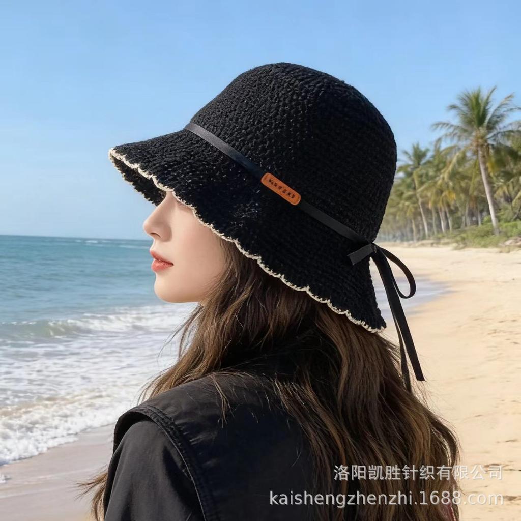 Small standard bucket hat female Korean version tide brand spring and summer knitted bucket hat Japanese streamer retro lace pot hat versatile