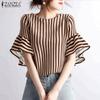 ZANZEA Women Casual Round Neck Loose Flare Sleeve Stripe Blouse