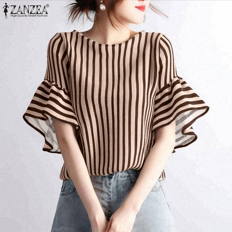 ZANZEA Kvinner Casual Rund Hals Løs Flare Erme Stripe Bluse