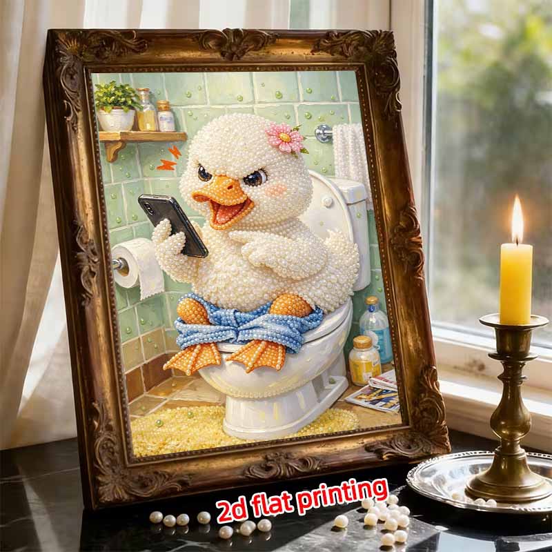 Framed Pearl Art DIY Kit with Angry Duck on Toilet Pattern 3D Sparkling Bead Canvas Painting Handmade Gift for Home Decoration Wall Decor