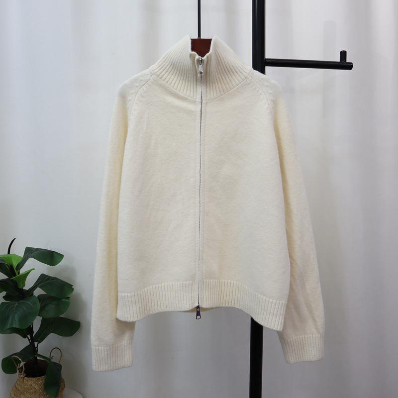 Thickened double zipper sweater jacket autumn and winter new loose solid color casual versatile knitted cardigan women