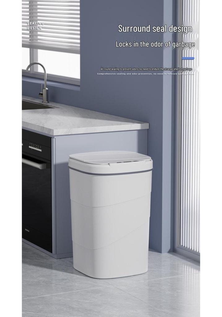 2026 Smart Sensor Trash Can: 14L with Blue Light Night Light, Press Ring Flip Lid & Spiral Pattern.
