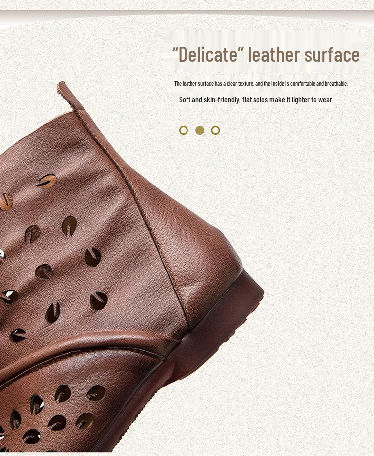 Shanghai Jiezhou 2024 Sandales Bottes Hautes Découpes Rétro en Cuir de Vachette - Chaussures Décontractées Confortables Polyvalentes pour Femmes