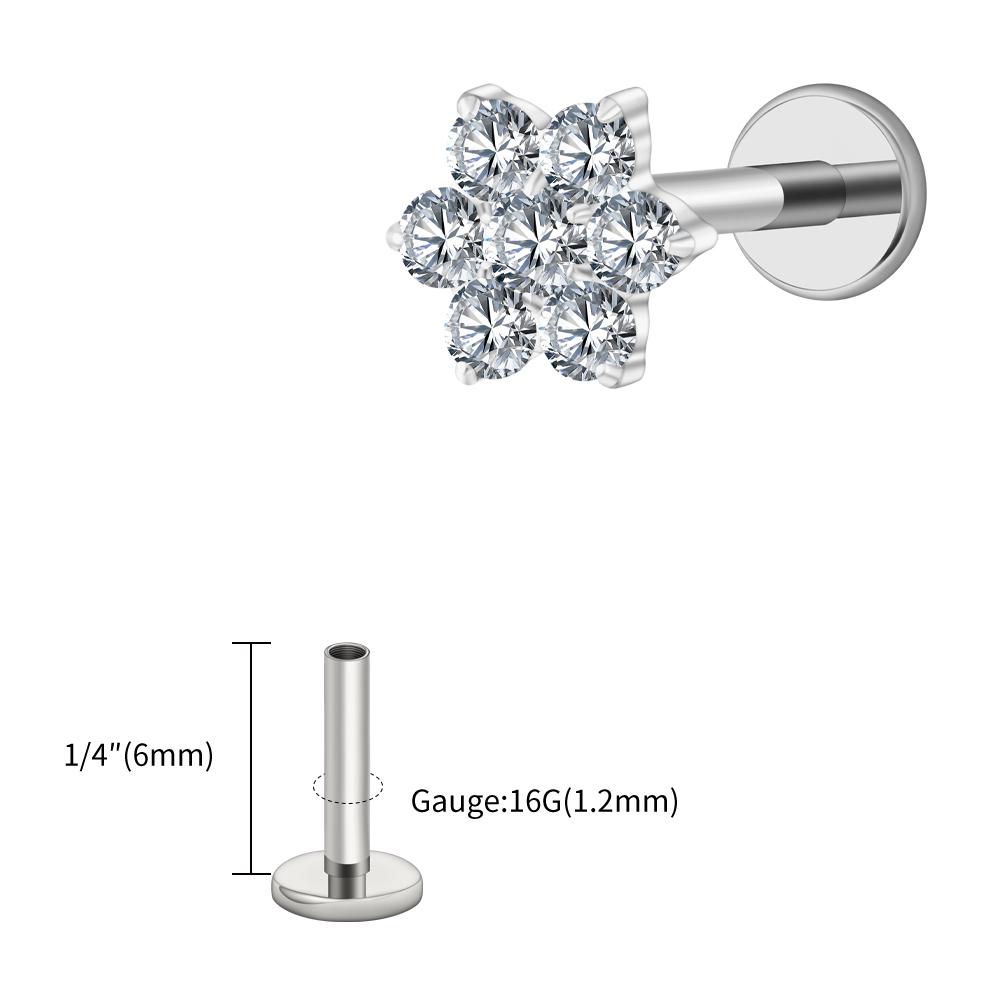 Right Grand ASTM F136 Titanium 16G Tiny Flower CZ Stud Earring Tragus Helix Rook Conch Labret Stud Flat Back Cartilage Piercing
