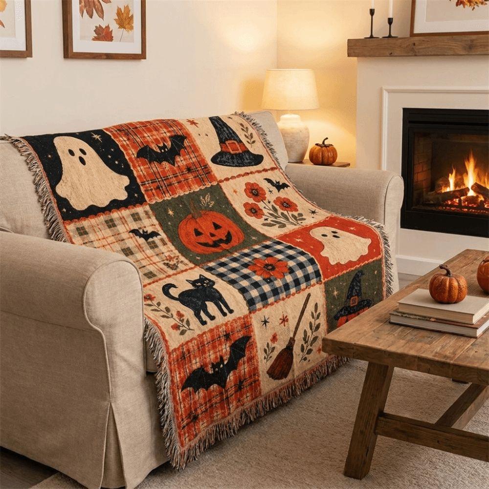 Vintage Halloween Patchwork Blanket Warm Sofa Blankets Pumpkin Ghost Blanket  All-Season