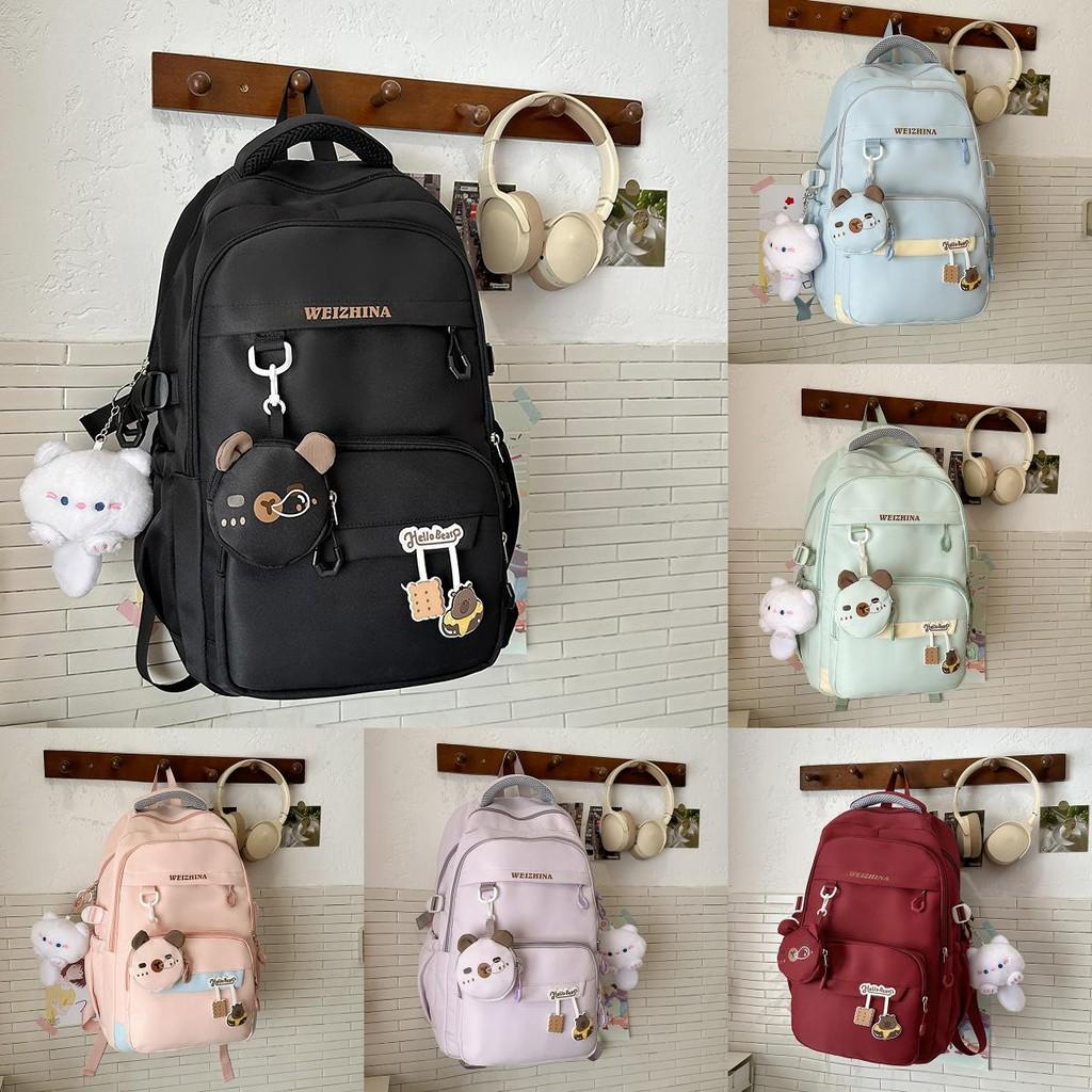 Color Solid Simple Letter Pattern Student Backpack With Decoration Pendant