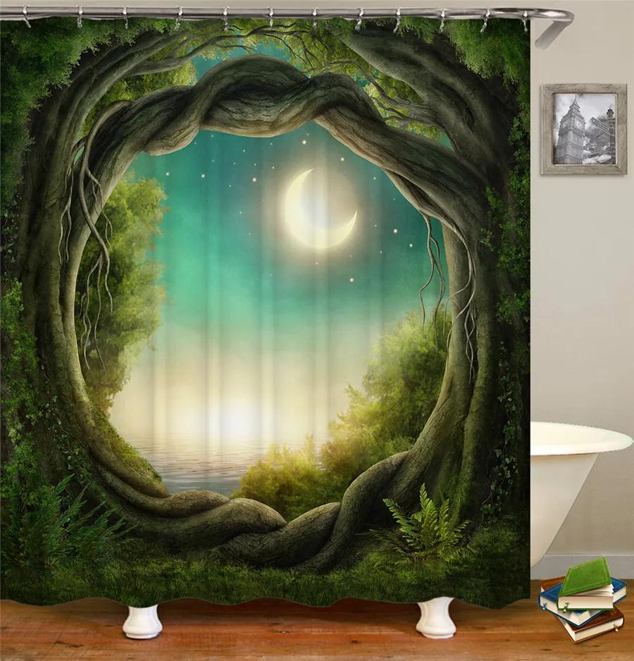 Green Forest Trees Scenery Bath Curtain Shower Curtains Bathroom Waterproof Polyester Fabric 3D Printed Bath Screen 12 Hooks Mat