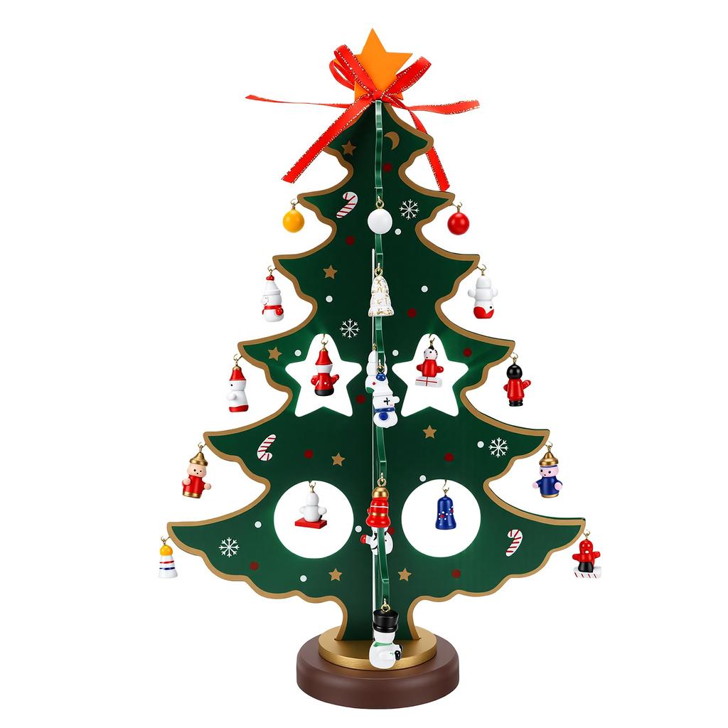 Wooden Xmas Tree Advent Calendar Tabletop Xmas Tree Decoration with Star Topper and 28 Ornaments for Home