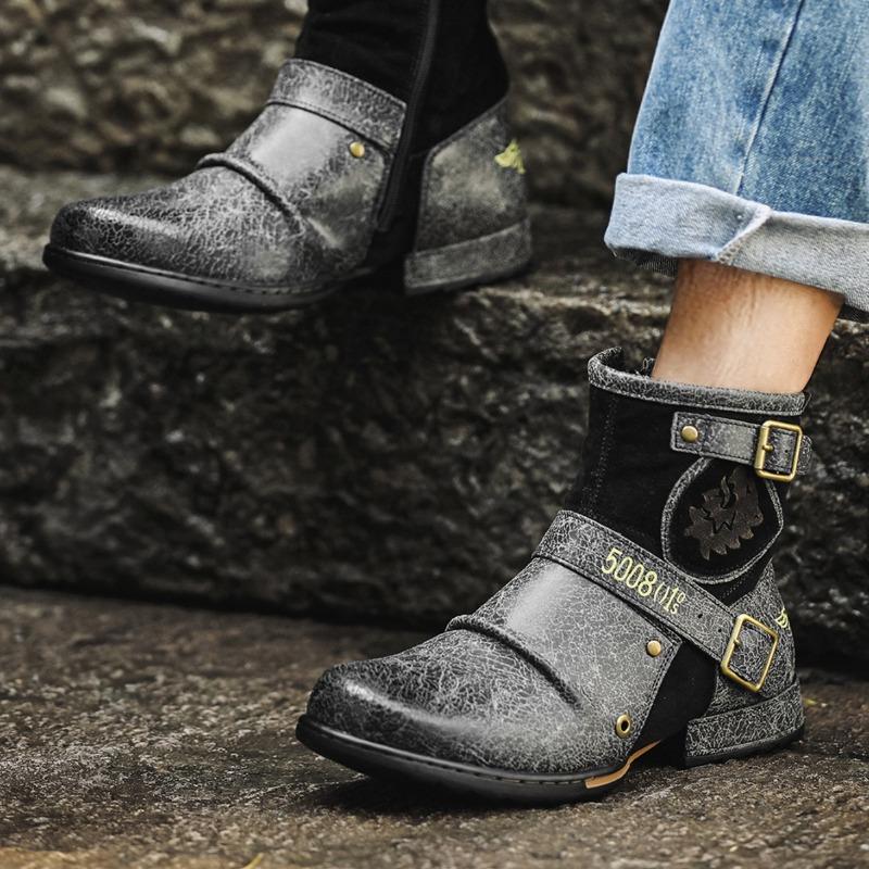 High Quality Men's Boots Retro Handmade Leather Boots Casual Ankle Booties Men Motorcycle Boots Punk Boot Western Cowboy Booties