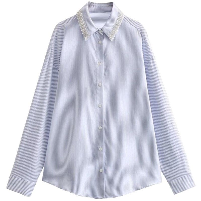 

Fashion Style 2023 Autumn New Women s Clothing Slim Looking Easiest for Match Beaded Stripes Shirt 8523915 044 Blue S