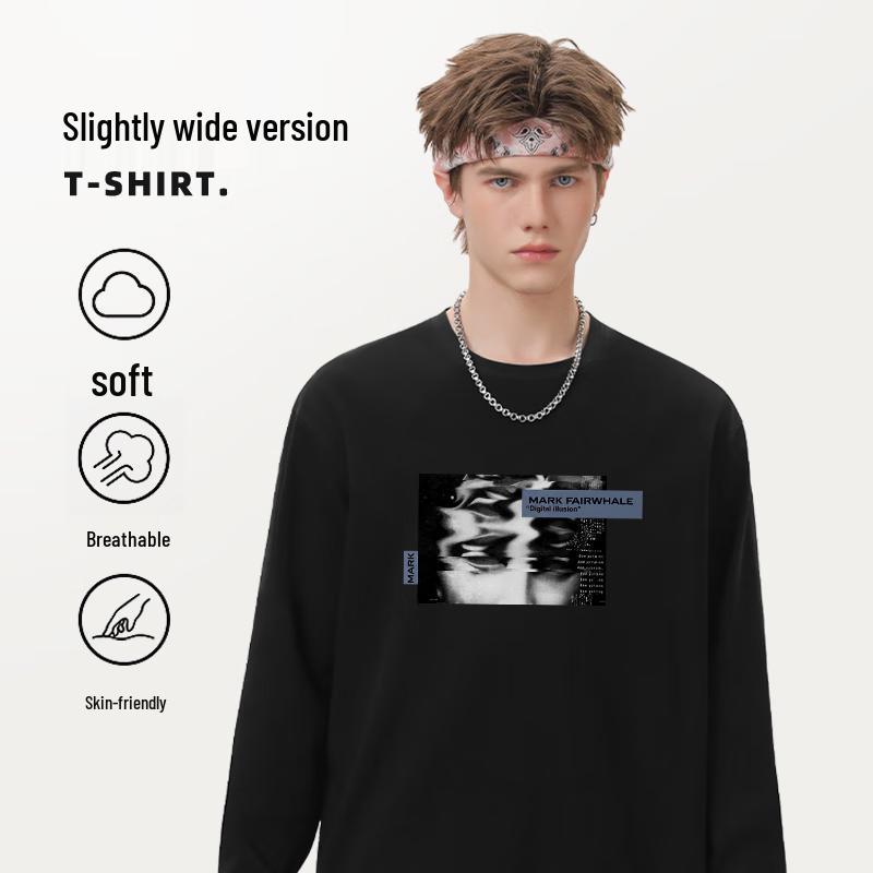 Mark Hua Fei Men's Trendy Heavyweight Loose Fit Pure Cotton Long Sleeve Crew Neck T-Shirt