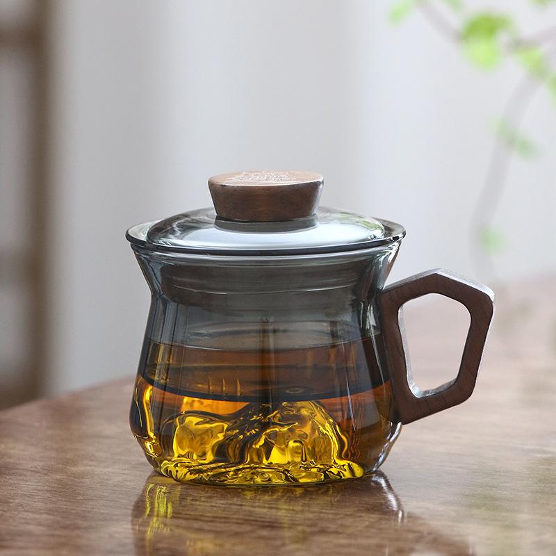 230ml Wooden Handle Heated Resistance Glass Tea Cup with Crescent Filter Office Teacup Brewing Puer Oolong Tea Mug