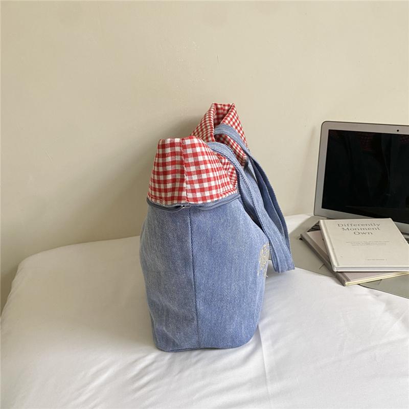 Women's Double-Sided Denim Bag Plaid Shoulder Tote Bag