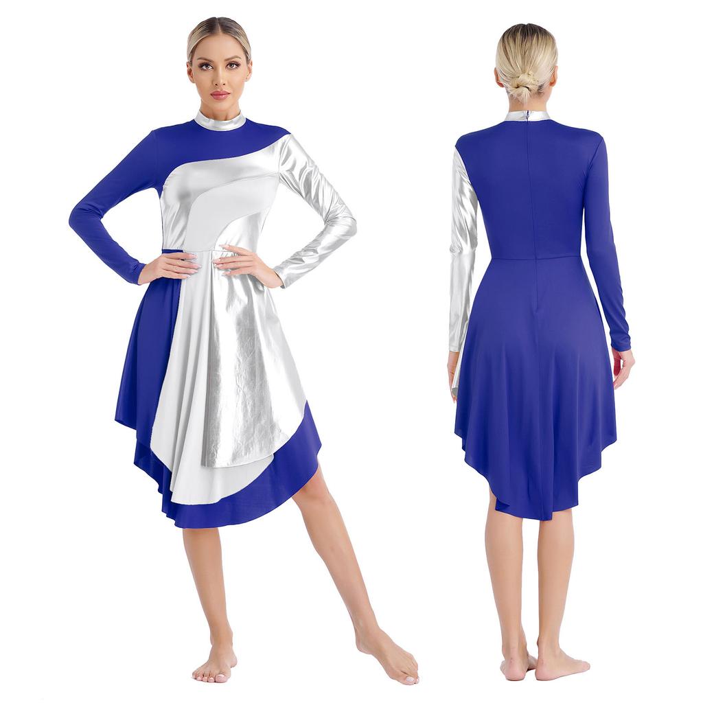 Women Color Block Liturgical Praise Dance Dress Church Worship Costume Lyrical Irregular Hem Dancewear