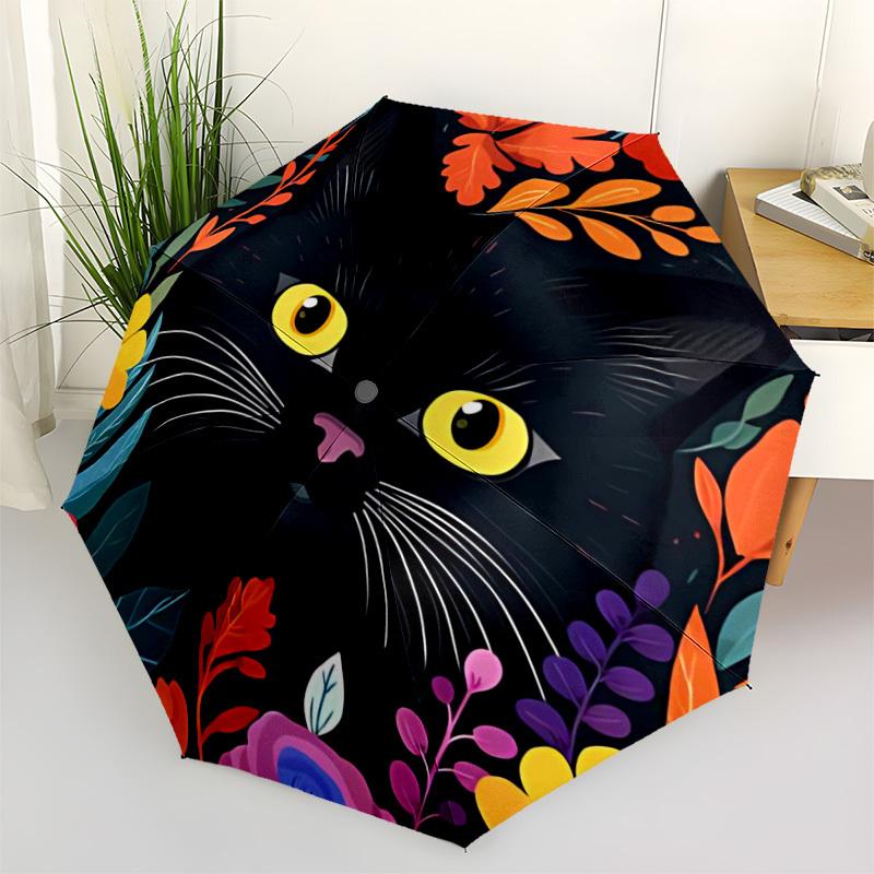 1pc Cat Flowers Automatic Folding Umbrella - Compact 8-Rib Design, Durable Plastic & Iron, Lightweight for Outdoor Daily Use055