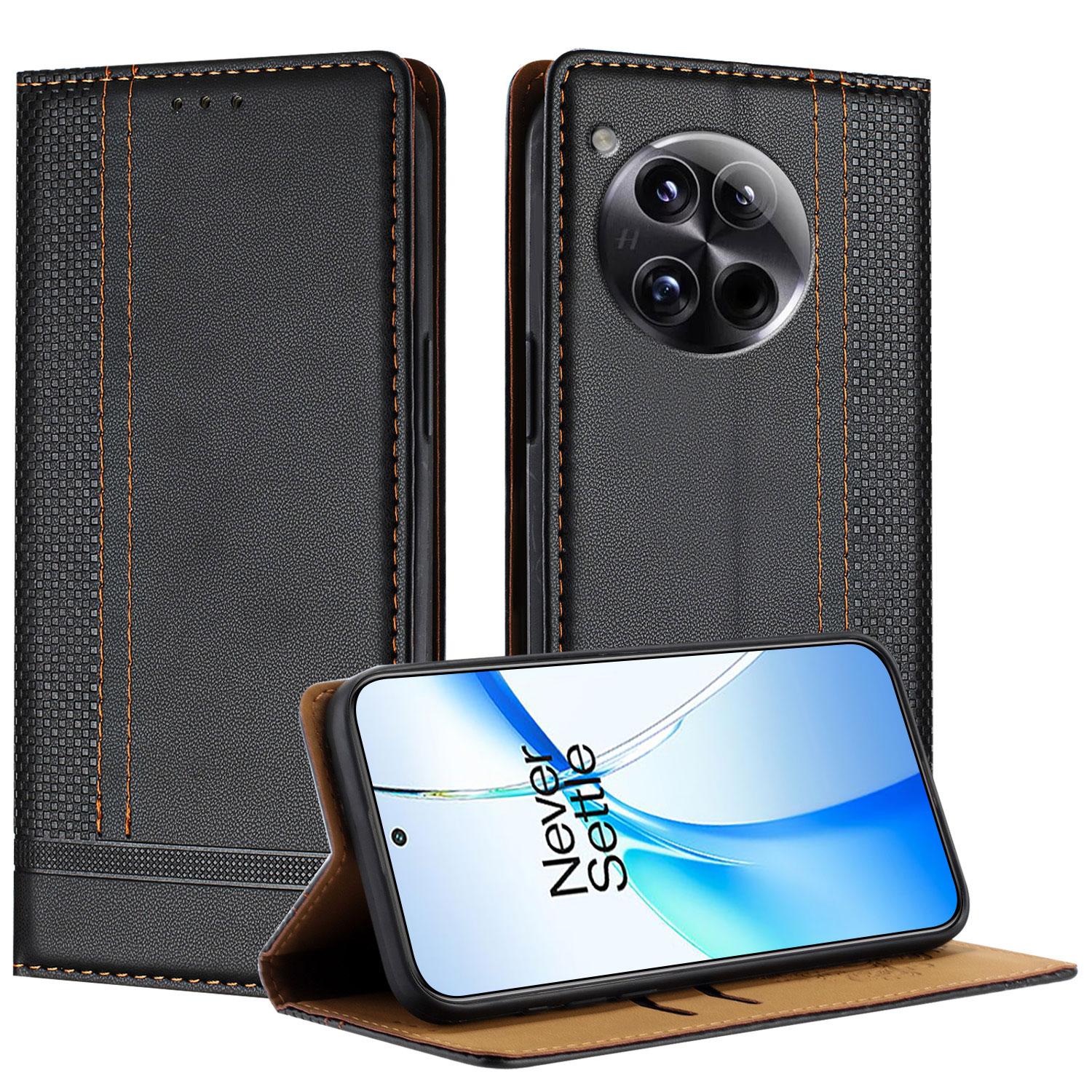 

For OnePlus 12 5G Case L-Shaped Grid Pattern Leather Stand Phone Cover with Card Slots Black