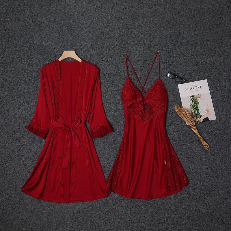 

Women s Sexy Satin Nightgown & Lace Robe Set L бордовый