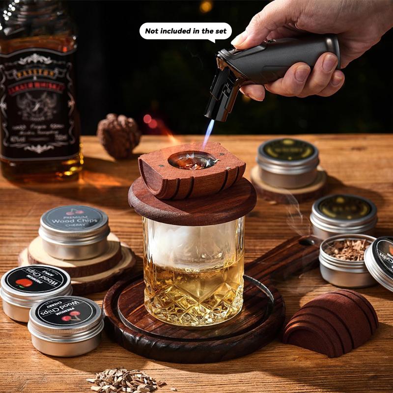 Cocktail Smoker Kit with Apple Cherry Oak Pecan Wood Chips Whiskey Wooden Smoked Wood Hood Smoker for Bar Drinks Kitchen Tools